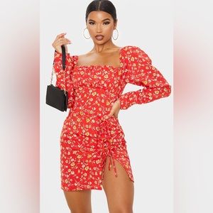 Pretty Little Thing Red Ditsy Floral Bow Mini Dress